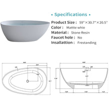 Load image into Gallery viewer, Solid Surface Matte Tub, Freestanding Solid Surface Resin Stone Bathtub, Solid Surface Matte White Soaking Tub, Free Standing Tub With Overflow And Pop-Up Drain - Matte White
