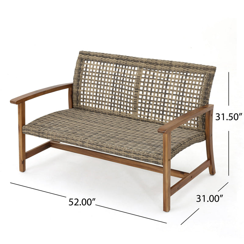 Outdoor Rattan Loveseat With Wooden Legs - Natural / Gray