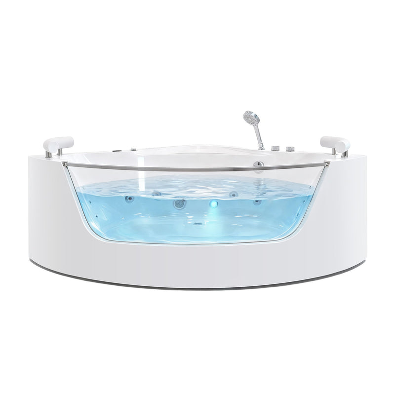 Korra - 2 Person Acrylic Corner Whirlpool Bathtub With Hydro Massage, Rainbow Light, Heater - Milk White