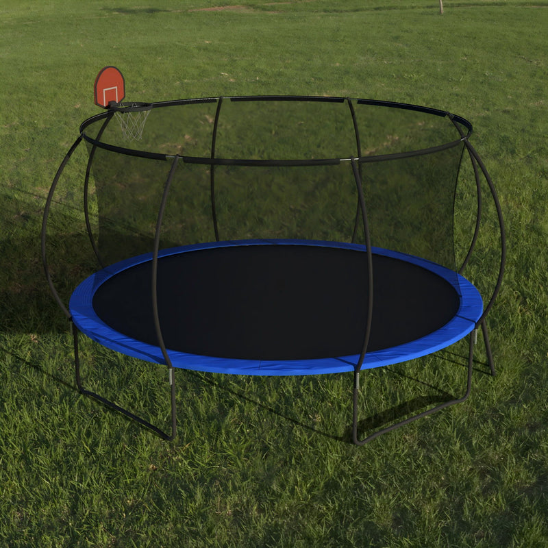 Pumpkin 14 Ft Outdoor Trampoline With Basketball Hoop Enclosure Net Ladder And Metal - Black / Blue