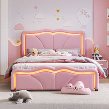 Load image into Gallery viewer, Upholstered Platform Bed &amp; Curve Shaped And Height Adjustable Headboard, LED Light Strips
