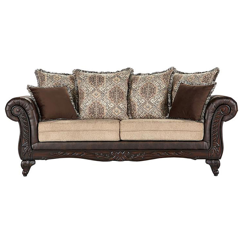 Brookridge - Rolled Arm Sofa With Ornate Details And Mixed Upholstery - Brown