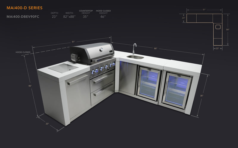 MONT ALPI 4-BURNER DELUXE ISLAND WITH A 90-DEGREE CORNER, BEVERAGE CENTER AND FRIDGE CABINET-MAi400-D90BEVFC