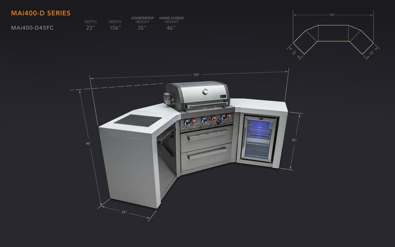 MONT ALPI 4-BURNER DELUXE ISLAND WITH 45-DEGREE CORNERS AND A FRIDGE CABINET-MAi400-D45FC