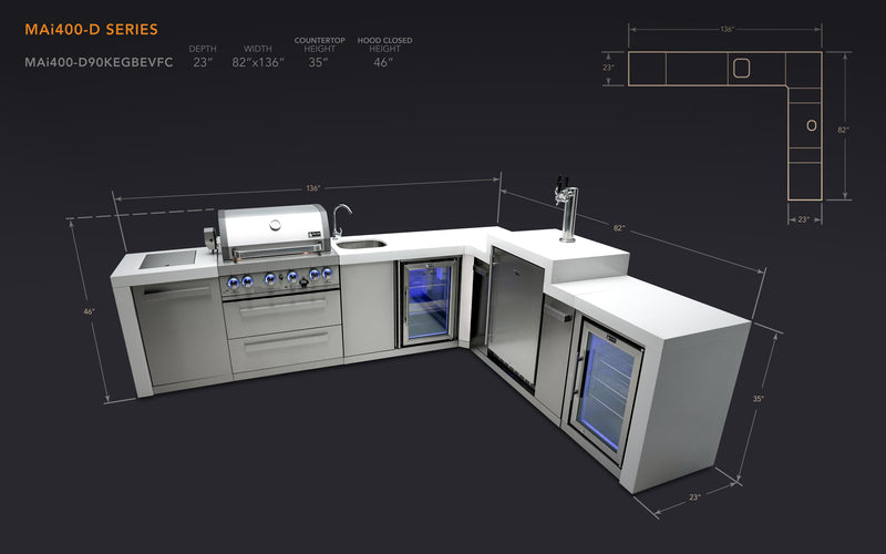 MONT ALPI 4-BURNER DELUXE ISLAND WITH A 90-DEGREE CORNER, KEGERATOR, BEVERAGE CENTER AND FRIDGE CABINET-MAi400-D90KEGBEVFC