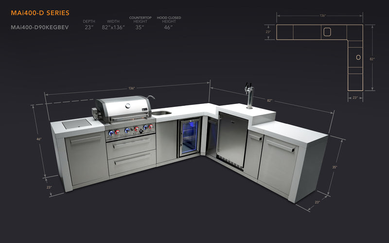 MONT ALPI 4-BURNER DELUXE ISLAND WITH A 90-DEGREE CORNER, KEGERATOR AND BEVERAGE CENTER-MAi400-D90KEGBEV