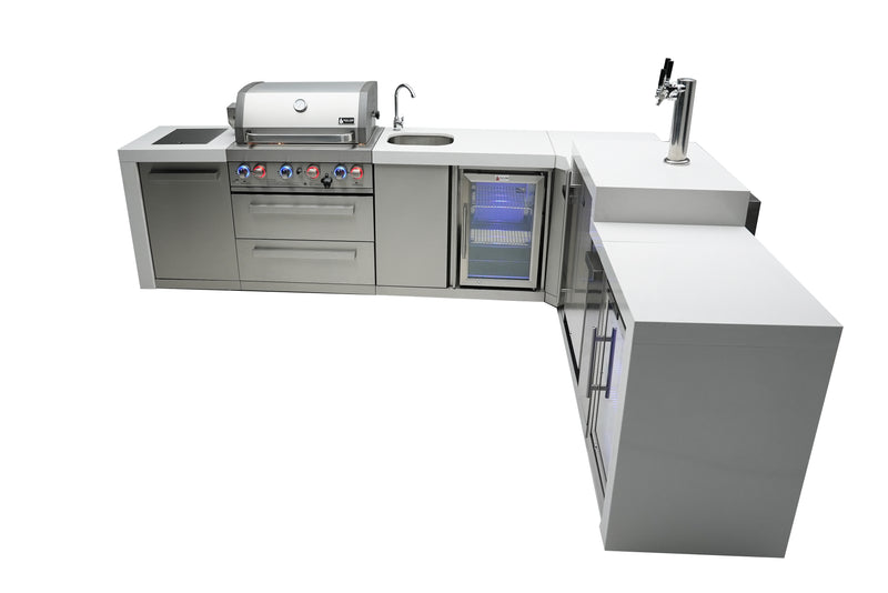 MONT ALPI 4-BURNER DELUXE ISLAND WITH A 90-DEGREE CORNER, KEGERATOR, BEVERAGE CENTER AND FRIDGE CABINET-MAi400-D90KEGBEVFC
