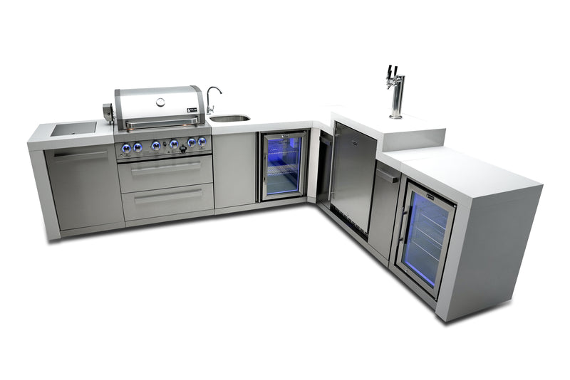 MONT ALPI 4-BURNER DELUXE ISLAND WITH A 90-DEGREE CORNER, KEGERATOR, BEVERAGE CENTER AND FRIDGE CABINET-MAi400-D90KEGBEVFC