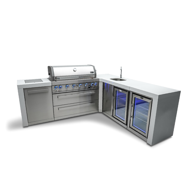 MONT ALPI 6-BURNER DELUXE ISLAND WITH A 90-DEGREE CORNER, BEVERAGE CENTER AND FRIDGE CABINETMAi805-D90BEVFC