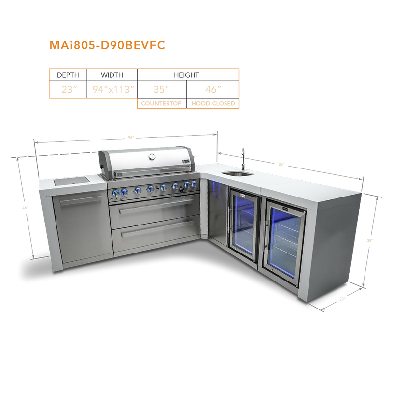 MONT ALPI 6-BURNER DELUXE ISLAND WITH A 90-DEGREE CORNER, BEVERAGE CENTER AND FRIDGE CABINETMAi805-D90BEVFC