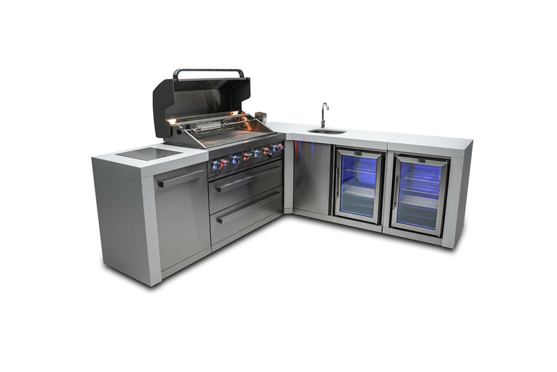 MONT ALPI 6-BURNER DELUXE ISLAND WITH A 90-DEGREE CORNER, BEVERAGE CENTER AND FRIDGE CABINETMAi805-D90BEVFC