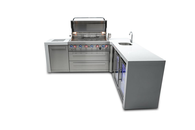 MONT ALPI 6-BURNER DELUXE ISLAND WITH A 90-DEGREE CORNER, BEVERAGE CENTER AND FRIDGE CABINETMAi805-D90BEVFC
