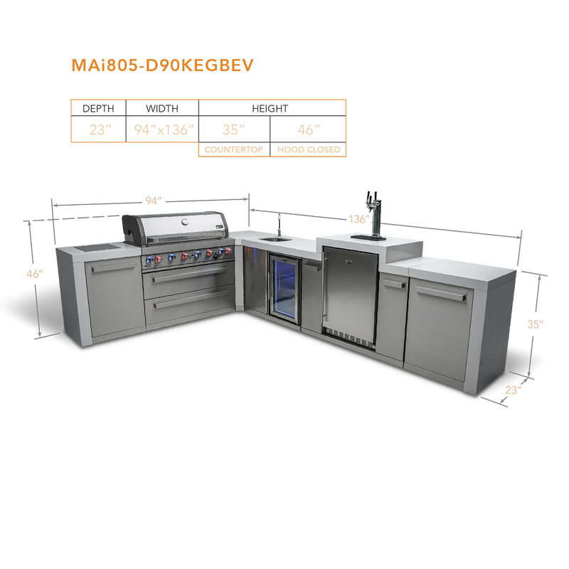 Mont Alpi 805 Deluxe Island with a 90 Degree Corner, Kegerator and Beverage Center-MAi805-D90KEGBEV