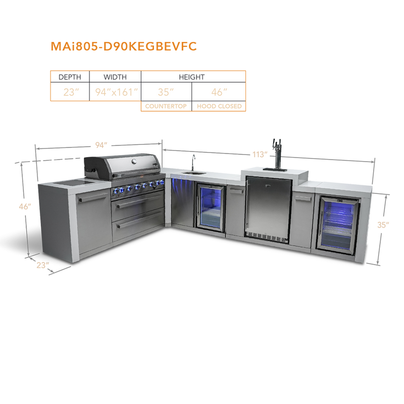 MONT ALPI 6-BURNER DELUXE ISLAND WITH A 90-DEGREE CORNER, KEGERATOR, BEVERAGE CENTER AND FRIDGE CABINET-MAi805-D90KEGBEVFC