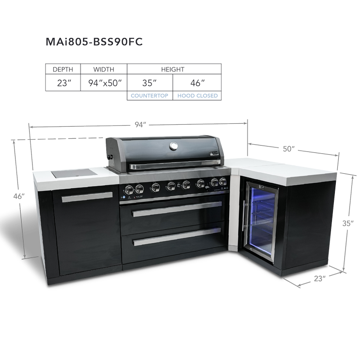 MONT ALPI 805 BLACK STAINLESS STEEL ISLAND WITH A 90-DEGREE CORNER AND A FRIDGE CABINET-MAi805-BSS90FC