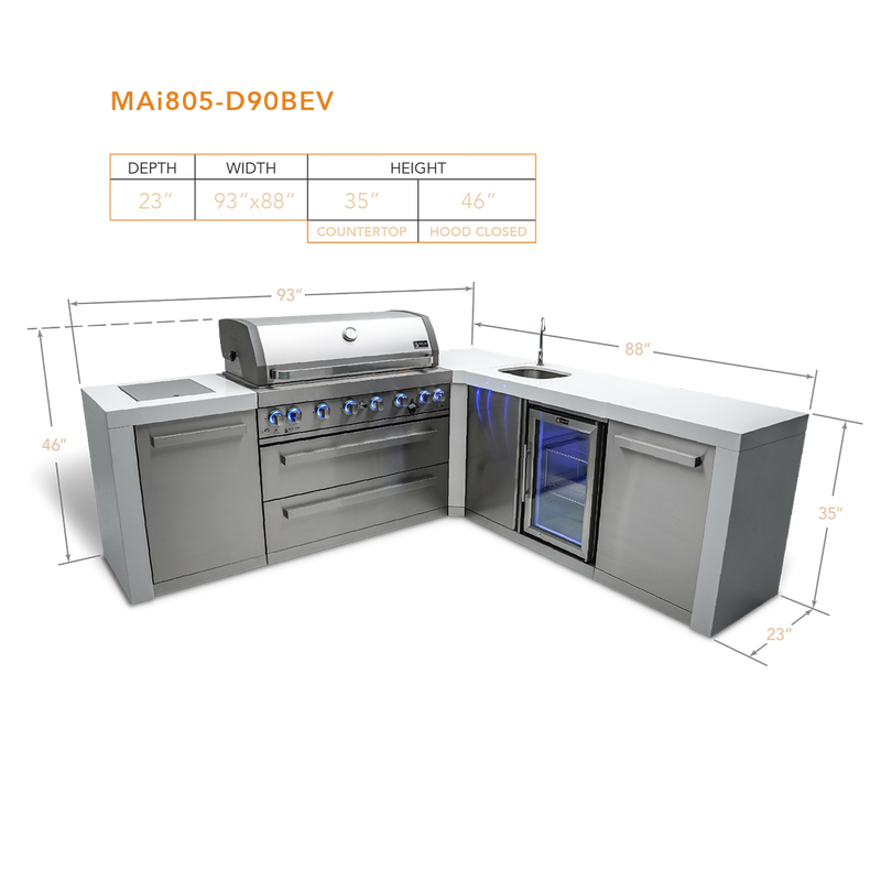Mont Alpi 805 Deluxe Island with a 90 Degree Corner and Beverage Center-MAi805-D90BEV