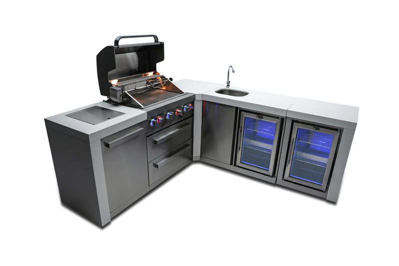 MONT ALPI 4-BURNER DELUXE ISLAND WITH A 90-DEGREE CORNER, BEVERAGE CENTER AND FRIDGE CABINET-MAi400-D90BEVFC