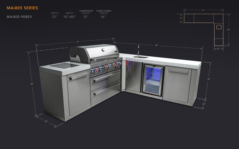 MONT ALPI 6-BURNER ISLAND WITH A 90-DEGREE CORNER AND BEVERAGE CENTER-MAi805-90BEV