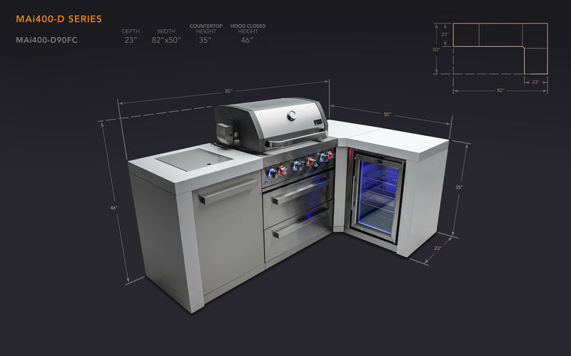 MONT ALPI 4-BURNER DELUXE ISLAND WITH A 90-DEGREE CORNER AND A FRIDGE CABINET-MAi400-D90FC