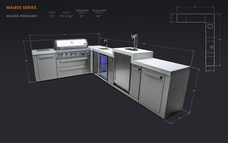 MONT ALPI 6-BURNER ISLAND WITH A 90-DEGREE CORNER, KEGERATOR AND BEVERAGE CENTER-MAi805-90KEGBEV