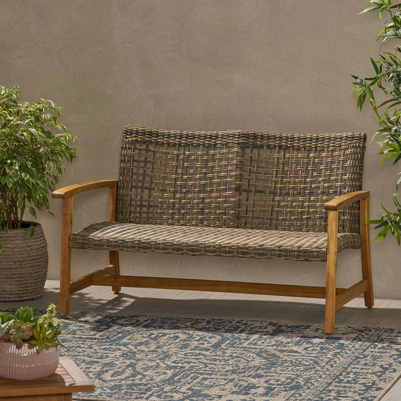Outdoor Rattan Loveseat With Wooden Legs - Natural / Gray