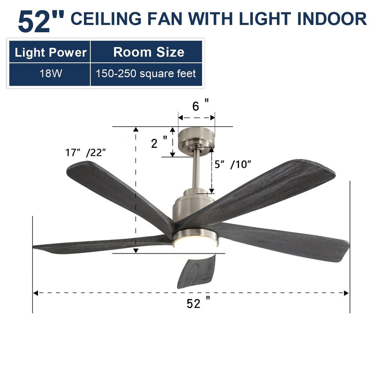 52" Ceiling Fan With Dimmable LED Light, 5 Blades, Reversible DC Motor - Nickel