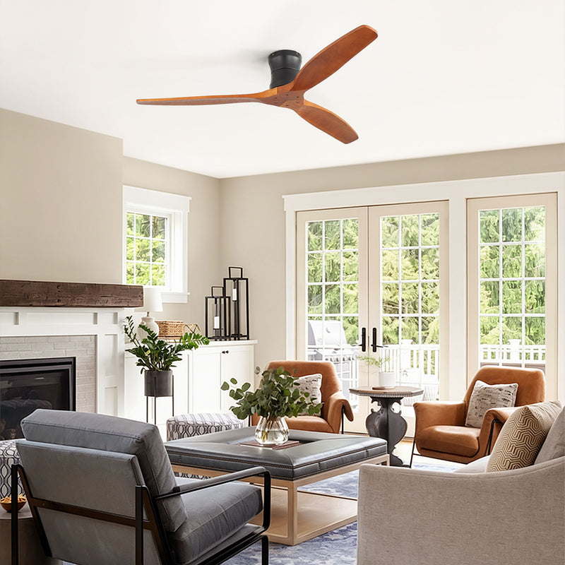 52" Ceiling Fan, No Light Flush Mount Low Profile 3 Blades With Remote Control