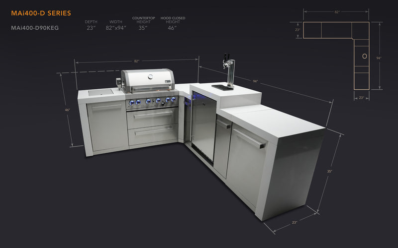 MONT ALPI 4-BURNER DELUXE ISLAND WITH A 90-DEGREE CORNER AND KEGERATOR-MAi400-D90KEG