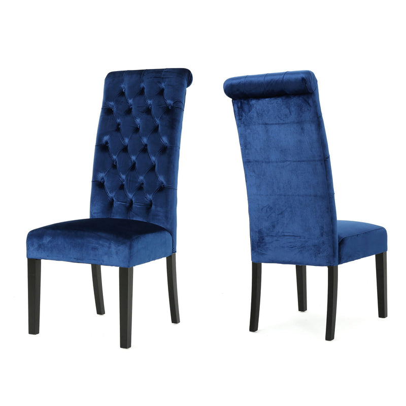 Elegant George Hi Back Dining Chair (Set of 2) With Tufted Velvet - Navy Blue