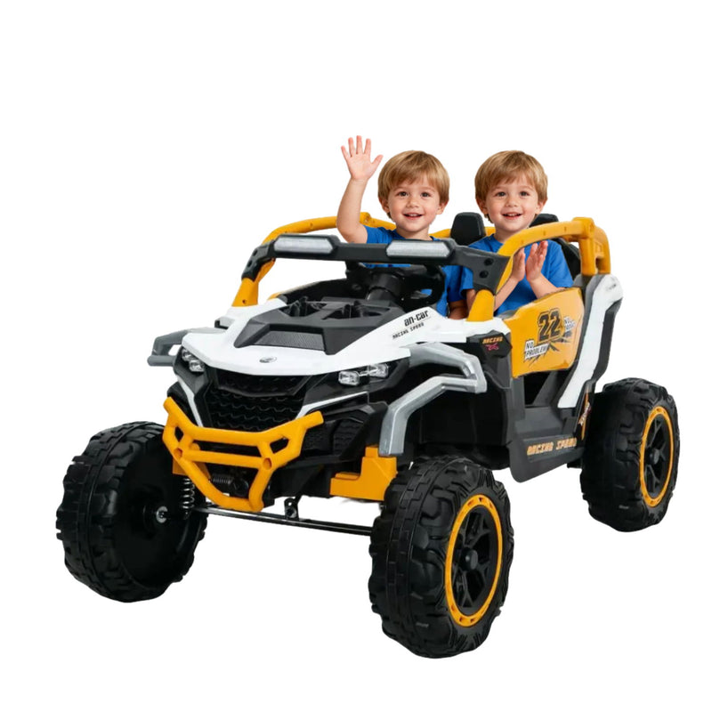 Ride On Models 12V Kids Electric Truck With Remote Control, Front & Rear Suspension, 2 Seater UTV, Flashlights, Music Player - Yellow / White