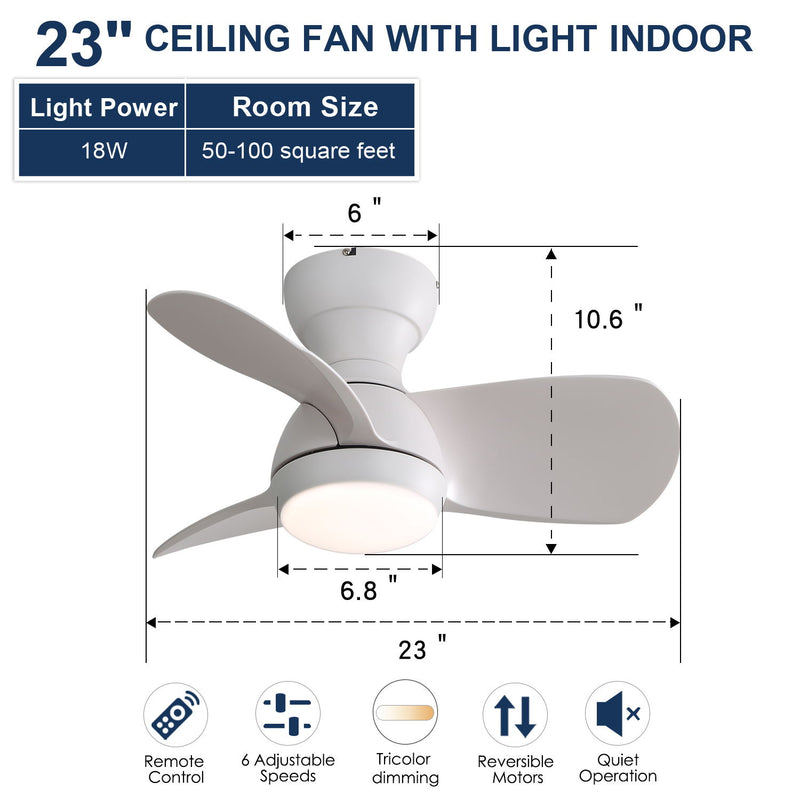23" Bedroom Ceiling Fan With 3 Color Dimmable 3 ABS Blades Remote Control Dc Motor With 18W Led Light