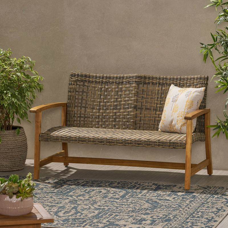 Outdoor Rattan Loveseat With Wooden Legs - Natural / Gray