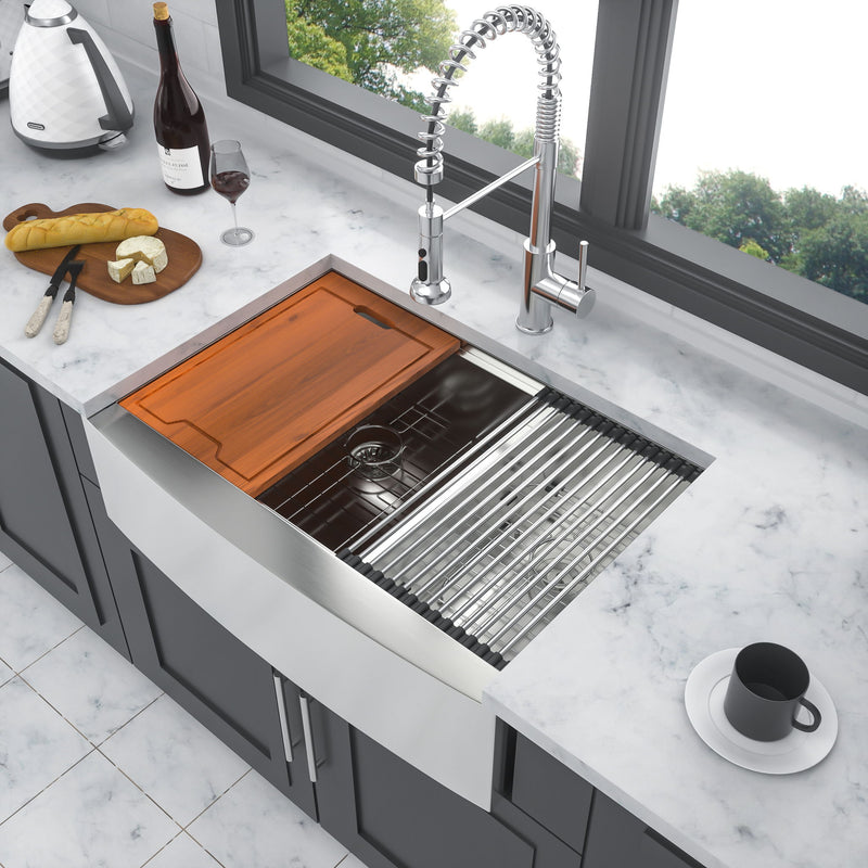Double Bowl Farmhouse Sink Workstation 33" Stainless Steel 16 Gauge Apron Front - Brushed Nickel