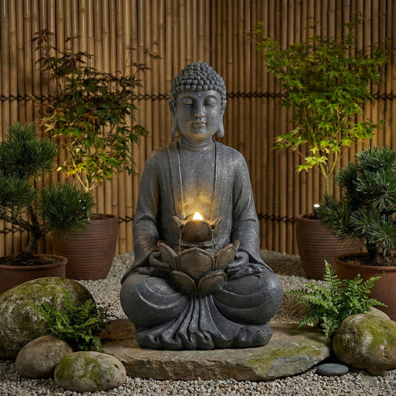 Zen - 2 Tier Meditating Buddha Water Fountain With Pump & LED Light - Gray