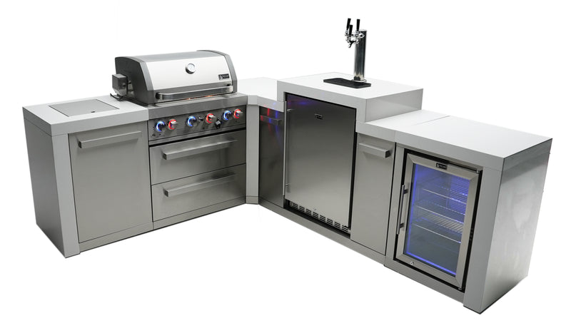 MONT ALPI 4-BURNER DELUXE ISLAND WITH A 90-DEGREE CORNER, KEGERATOR AND FRIDGE CABINET-MAi400-D90KEGFC