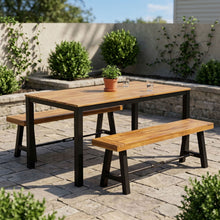 Load image into Gallery viewer, 3 Piece Outdoor Dining Set, Rectangular Patio Table &amp; 2 Benches - Black / Teak
