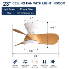 Load image into Gallery viewer, 23" Bedroom Ceiling Fan With 3 Color Dimmable 3 ABS Blades Remote Control Dc Motor With 18W Led Light
