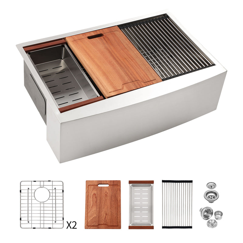 Farmhouse Double Bowl Workstation Kitchen Sink 33" Stainless Steel 16 Gauge Apron Front, Finish - Brushed Nickel
