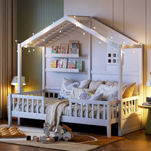 Load image into Gallery viewer, House Bed With Shelves, Window And Sparkling Light Strip On The Roof
