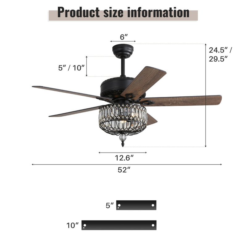 Ceiling Fan With Crystal Lampshade, 5 Blades, DC Motor, 6 Speed Remote Control, 1 / 4 / 8 Hour Timer - Black