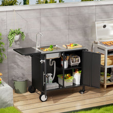 Load image into Gallery viewer, Outdoor Grill Table With Sink, Worktable Kitchen Cabinet Island With Wheels &amp; Foldable Top - Black
