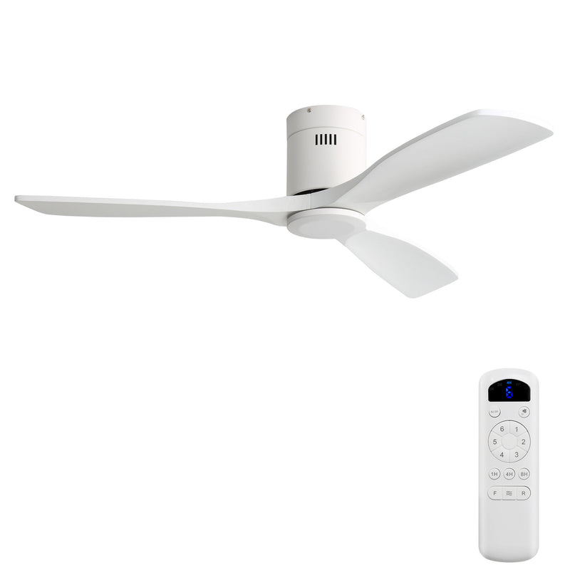 52" Flush Mount Ceiling Fan With Remote, No Light, 3 Blades, 6 Speed DC Motor For Indoor Patio - White