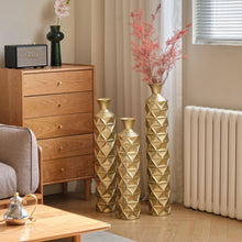 Load image into Gallery viewer, Metal Decorative Vase High Distress Metal Center Vase With 3D Triangle Pattern, (Set of 3) Vases For Home Decoration - Gold
