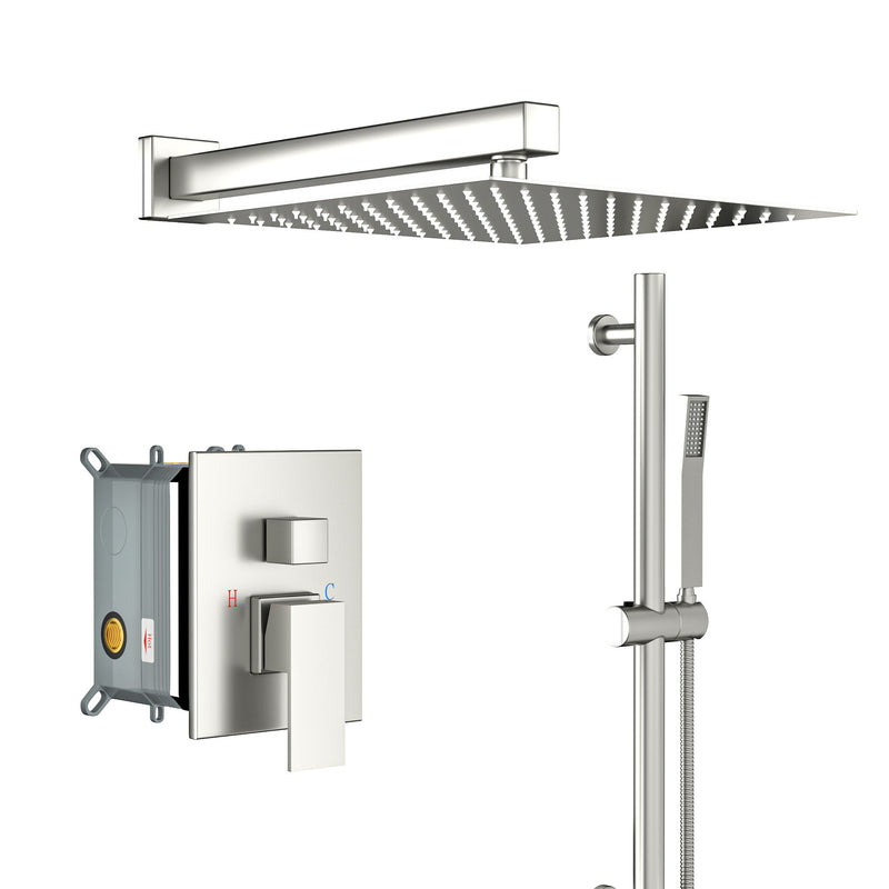 Wall Mounted Shower System With Adjustable Slide Bar And Rough In Valve, 12" Square Design - Brushed Nickel