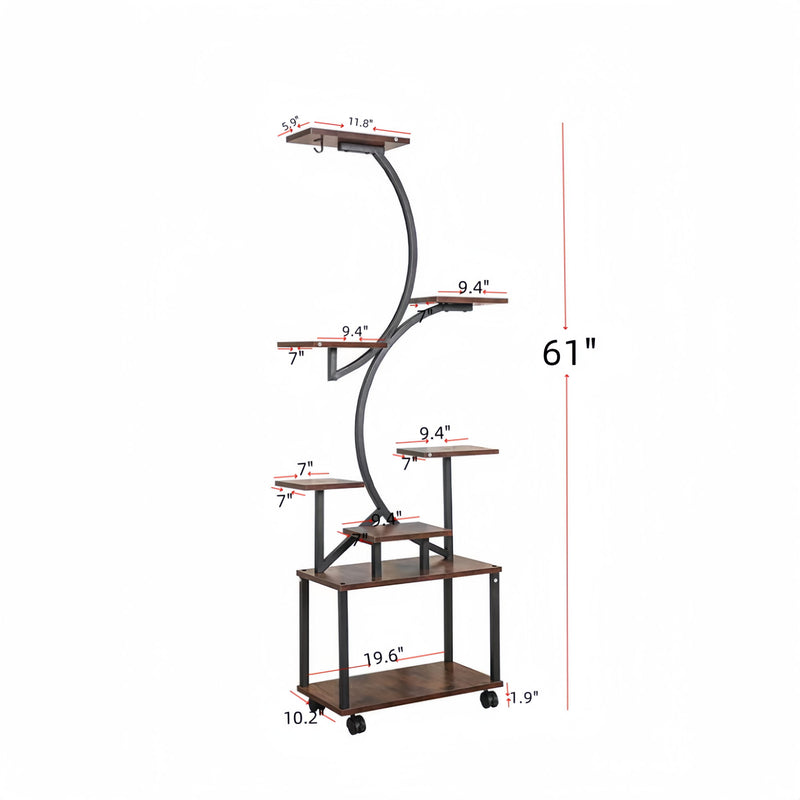 8 Tier Indoor Plant Stand With Grow Lights, S Shaped Metal Shelf For Multiple Plants - Black / Dark Walnut