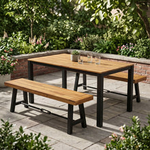 Load image into Gallery viewer, 3 Piece Outdoor Dining Set, Rectangular Patio Table &amp; 2 Benches - Black / Teak
