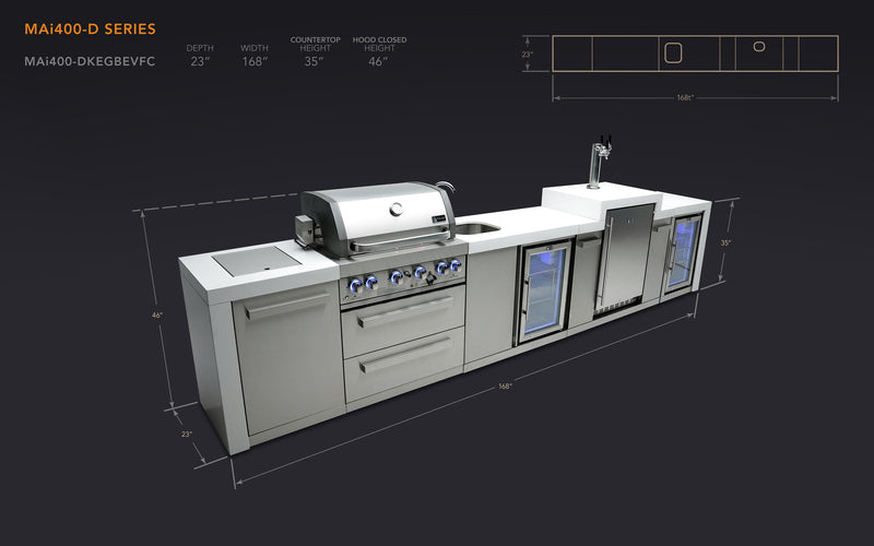 MONT ALPI 4-BURNER DELUXE ISLAND WITH A KEGERATOR, BEVERAGE CENTER AND FRIDGE CABINET-MAi400-DKEGBEVFC