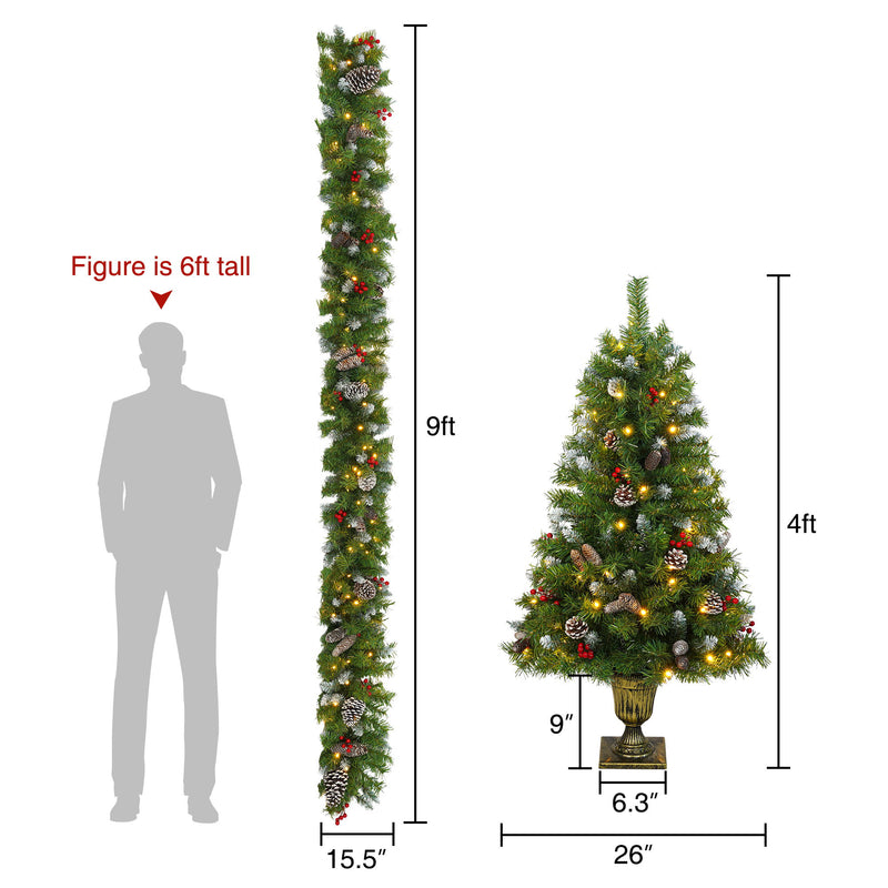Pre Lit Artificial Christmas Tree Set With LED Lights, 3 Piece Garland And Entrance Trees, Warm Lighting, Indoor Use Only - Green