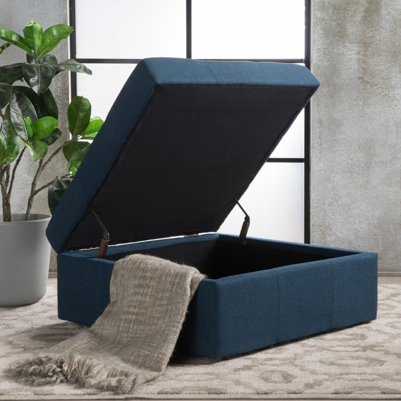Flip Top Ottoman With Tufted Waffle Stitch And Rolling Casters - Navy Blue