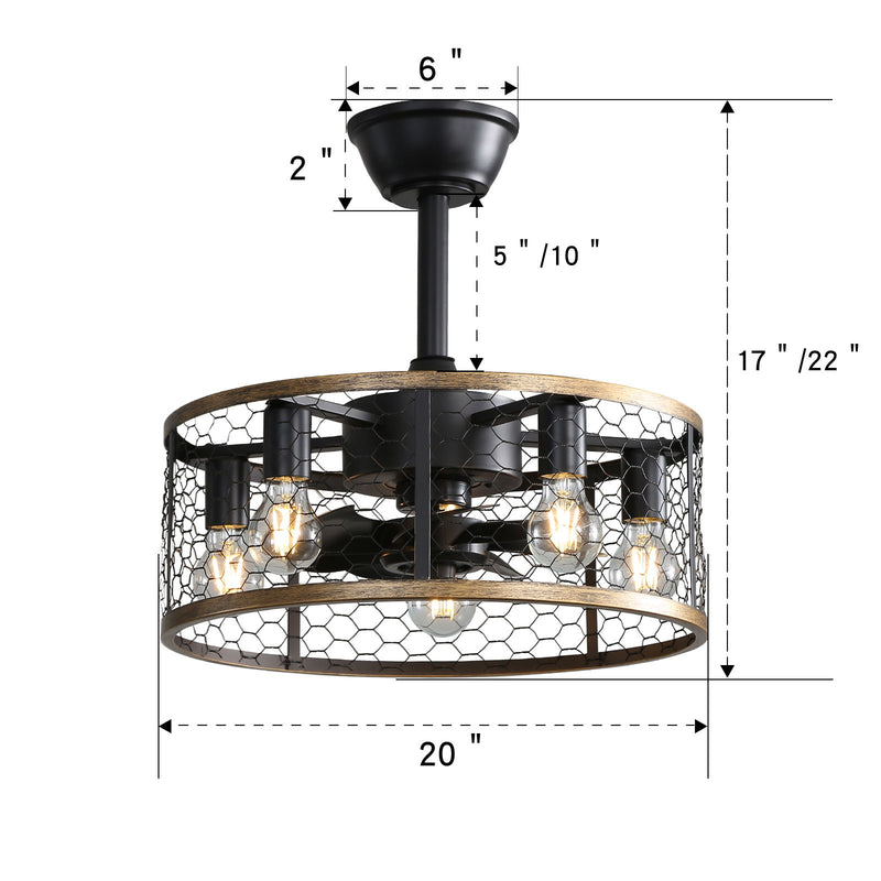 20" Industrial Cage Ceiling Fan With Remote Control, 7 Blades, DC Motor, 1H / 4H / 8H Timer - Black